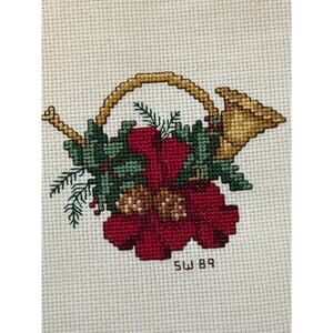 Finished Framed Cross Stitch Art Christmas Poinsettia and Horn of Plenty 9"